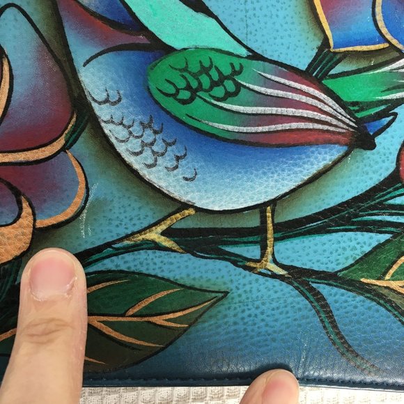 Anuschka NEVER USED Handpaint Leather Small Cross Body Bag Bird Blue - Picture 13 of 16